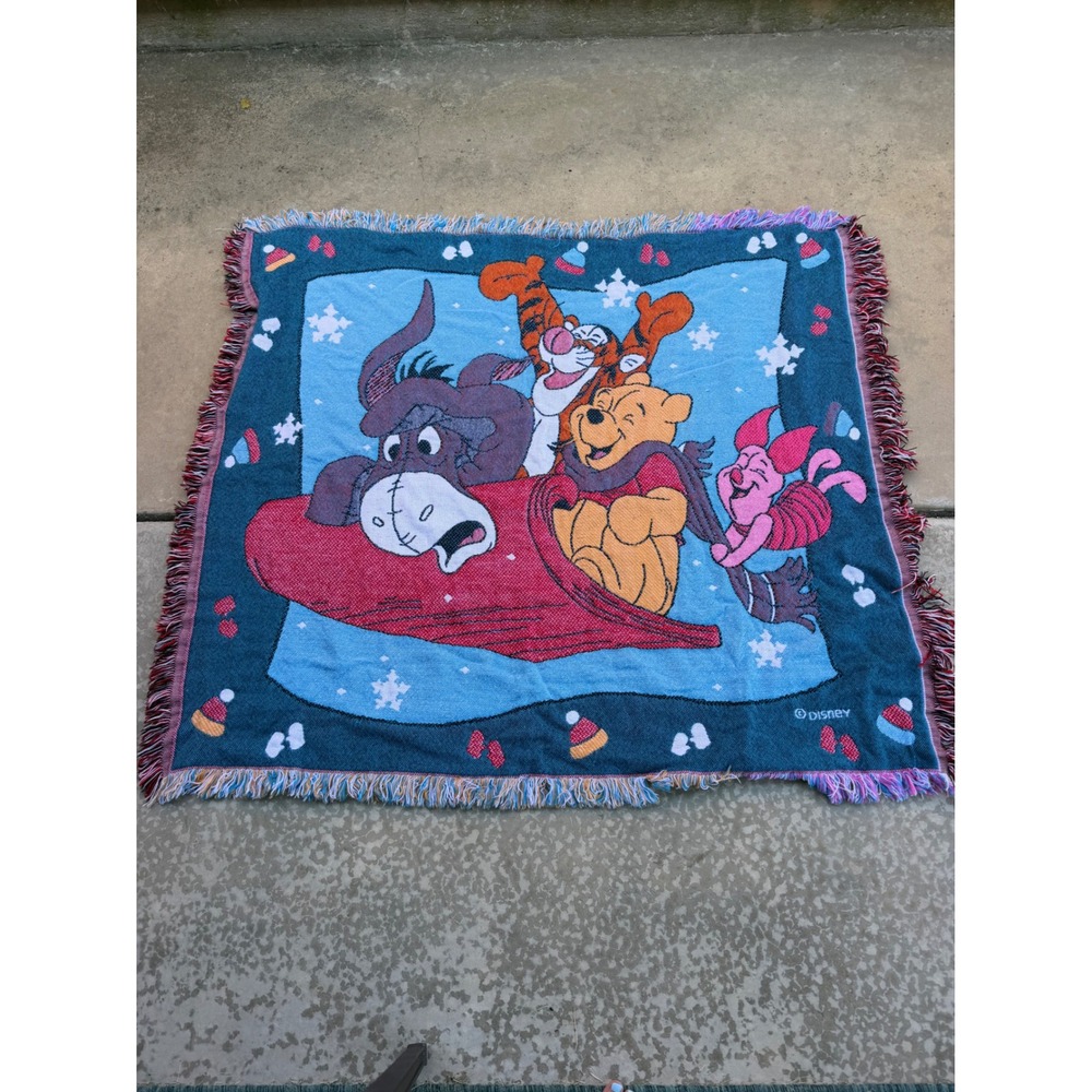 Vintage Disney Winnie the Pooh Winter Sledding Woven Tapestry Blanket Beacon USA